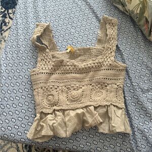 Rebellion Tan Crochet Ruffle Crop Top